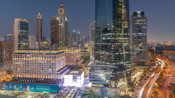 Dubai International Financial District Dzień Nocy Zmiany Timelapse Widok Lotu — Zdjęcie stockowe