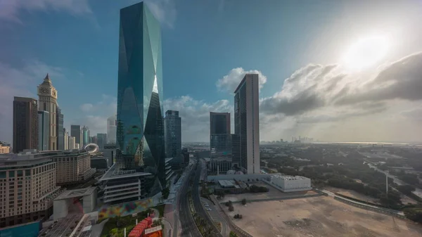 Salida Del Sol Distrito Financiero Internacional Dubai Timelapse Transición Vista —  Fotos de Stock