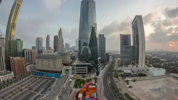 Panorama Del Distrito Financiero Internacional Dubai Timelapse Vista Aérea Las —  Fotos de Stock