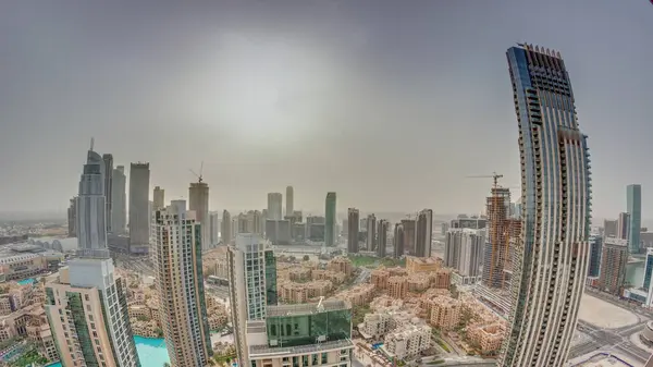 Luftaufnahme Mit Sonnenaufgang Über Der Futuristischen Großstadt Zeitraffer Business Bay — Stockfoto