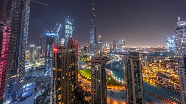 Dubai Downtown Cityscape Tallest Skyscrapers Aerial Panoramic Timelapse All Night — Stock Photo, Image