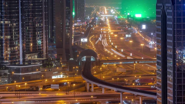 Busy Sheikh Zayed Road Aerial All Night Timelapse Metro Railway — Stock Photo, Image
