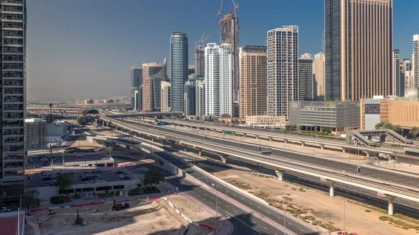 Dubai Marina Rascacielos Sheikh Zayed Carretera Con Metro Tren Timelapse —  Fotos de Stock