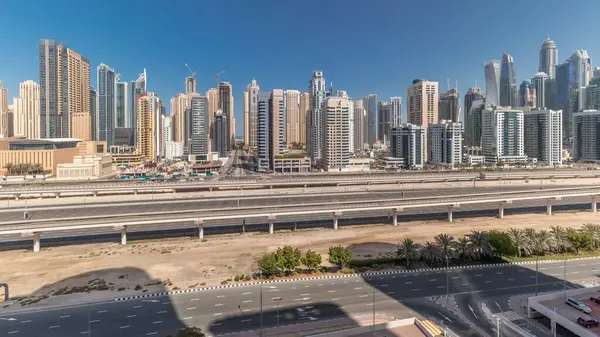 Панорама Показує Хмарочоси Дубай Марина Шейх Заєд Дорогу Метрополітеном Транспорт — стокове фото