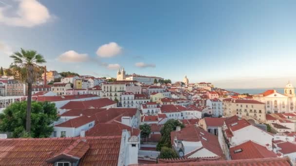 Panorama Zobrazující Letecký Výhled Alfamu Lisabonu Během Západu Slunce Červené — Stock video