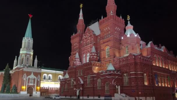 Glimmering Night Timelapse State Historical Museum Russia Architectural Jewel Red — Stock Video