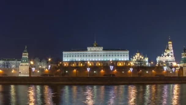 Timelapse Invernale Del Cremlino Mosca Notte Moskva River Waterfront Vicino — Video Stock