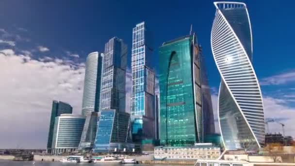 Atardecer Reflexión Sobre Rascacielos Moscú International Business Center City Timelapse — Vídeos de Stock