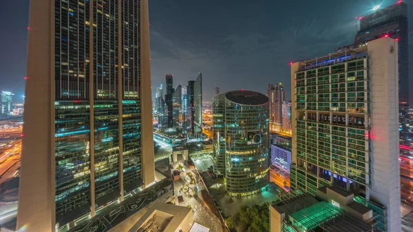 Дубайский Международный Финансовый Центр Небоскребы Время Всей Ночной Антенны Освещение — стоковое фото