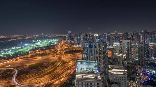 Panorama Visar Mediastad Dubai Marina Och Jlt Upplysta Skyskrapor Längs — Stockfoto