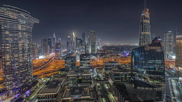 Panorama Ukazująca Futurystyczny Dubai Downtown Panoramę Dzielnicy Finansowej Wiele Podświetlanych — Zdjęcie stockowe