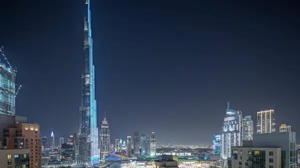 Panorama Showing Aerial Cityscape Night Illuminated Architecture Dubai Downtown Many —  Fotos de Stock
