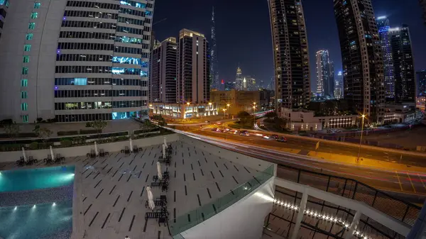 Aerial Panorama Dubai Downtown Difc Skyscrapers Busy Traffic Intersection Business — Stock Photo, Image
