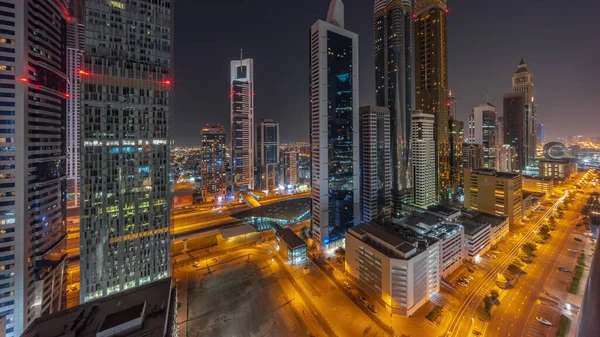 Flygfoto Över Dubai International Financial District Med Många Skyskrapor Natten — Stockfoto