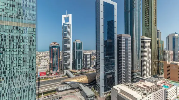 Panorama Dubai Uluslararası Finans Bölgesi Nin Birçok Gökdelenli Hava Manzarasını — Stok fotoğraf