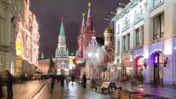 Vinterlockelse Moscows Nikolskaja Street Denna Charmiga Timelapse Hyperlapse Förbinda Röda — Stockvideo