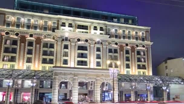 Tverskaya Street Nachts Timelapse Moskoeien Hoofdstraat Met Historische Hotels Een — Stockvideo