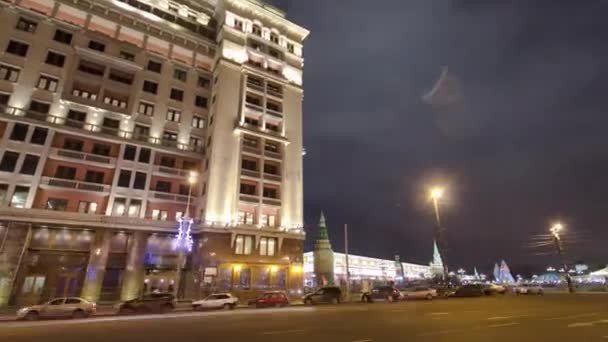 Působivý Čas Osvětlenou Východní Fasádu Ikonického Hotelu Moskva Noci Moskvě — Stock video