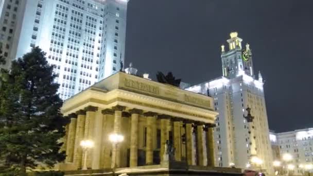 Moszkvai Állami Egyetem Főépülete Veréb Dombokon Téli Éjszaka Varázslatos Timelapse — Stock videók