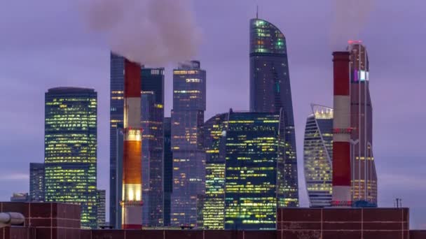 Dzień Nocy Przejście Timelapse Moskwa City Drapacze Chmur Zimie Dymem — Wideo stockowe