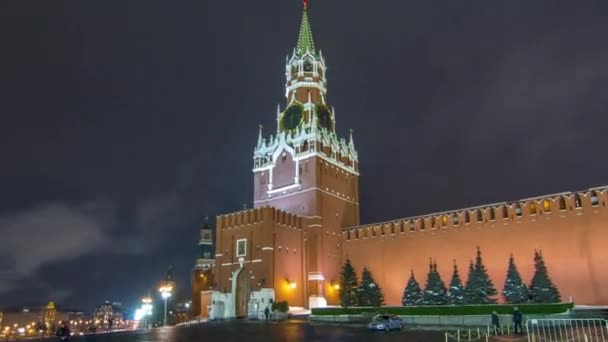Timelapse Hyperlapse Saviour Spasskaya Tower Walls Moscow Kremlin Night Winter — Stock Video