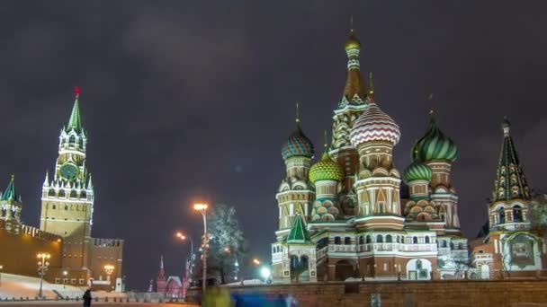 Timelapse Hyperlapse Illuminated Moscow Kremlin Iconic Spasskaya Tower Cathedral Basil — Stock Video