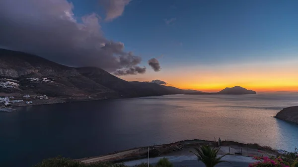Panorama Showing Amorgos Island Aerial Day Night Transition Timelapse Sunset — Stock Photo, Image