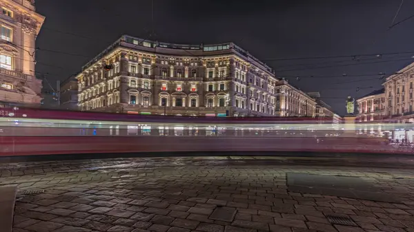 Panorama Showing Cordusio Square Night Timelapse Illuminated Historic Buildings Monument — Stok Foto
