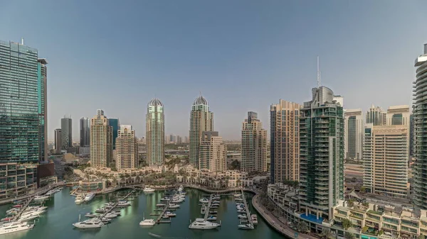 Panorama Zeigt Dubais Höchste Wolkenkratzer Und Yachten Hafenluft Blick Auf — Stockfoto