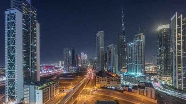 Aerial View Dubai Downtown Skyline Many Illuminated Towers Traffic Intersection — Stock Video