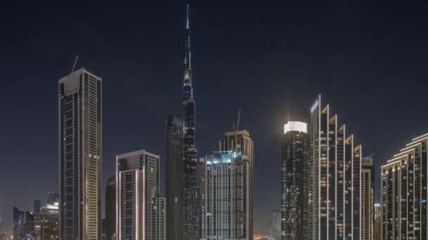 Légi Kilátás Dubai Downtown Városkép Alatt Fényshow Sok Kivilágított Tornyok — Stock videók