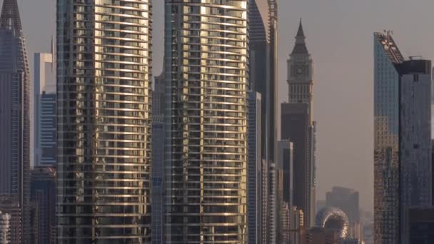 Dubai International Financial District Luchtfoto Tijdspanne Wolkenkrabbers Met Hotels Museum — Stockvideo