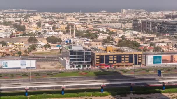 Vista Aérea Del Timelapse Del Distrito Dubai City Walk Mezquita — Vídeos de Stock