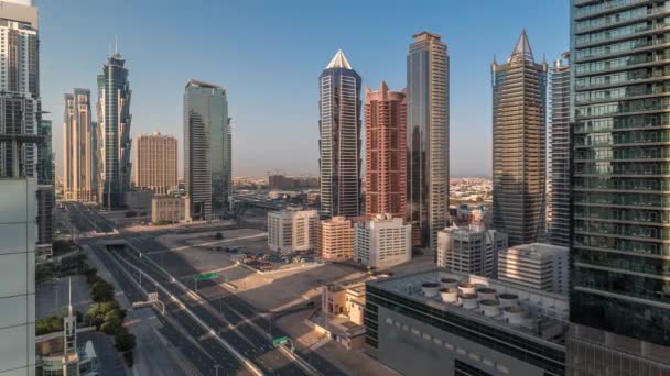 Business Bay District Skyline Modern Architecture Morning Timelapse Aerial Panorama — Stock Video