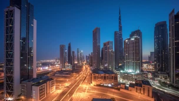 Вид Повітря Небо Дубая Центрі Міста Багатьма Вежами Від Ночі — стокове відео