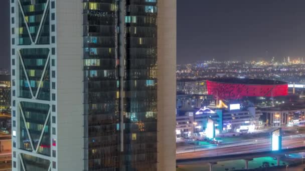 Vista Aérea Dubai City Walk Distrito Detrás Rascacielos Noche Timelapse — Vídeos de Stock