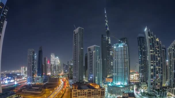 Dubai Şehir Merkezinin Gökyüzü Manzarası Tüm Gece Boyunca Aydınlatılmış Pek — Stok video