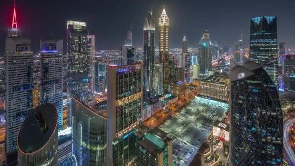 Skyline Zicht Hoogbouw Sheikh Zayed Road Dubai Luchtfoto Nachtelijke Tijdspanne — Stockvideo