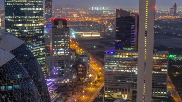 Skyline Ansicht Der Hochhäuser Der Gekrümmten Straße Dubai Luftaufnahme Nacht — Stockvideo