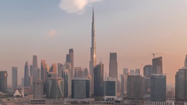 Вид Повітря Дубайську Бізнес Бей Центр Міста Під Час Сходу — стокове відео