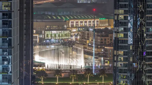 Luchtfoto Van Dubai Fontein Het Centrum Met Palmen Vlag Het — Stockfoto