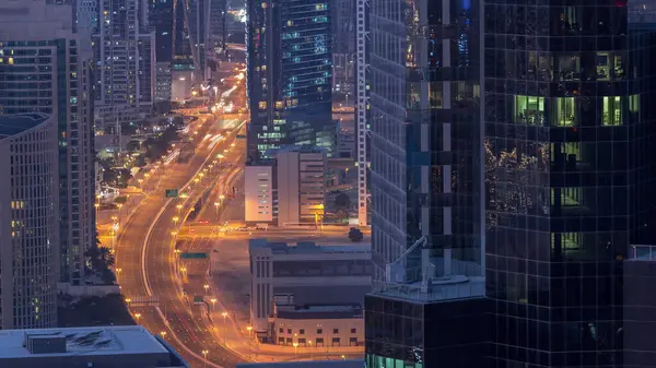 Aerial View Busy Intersections Dubai Night Day Transition Timelapse Cars — Stock Photo, Image