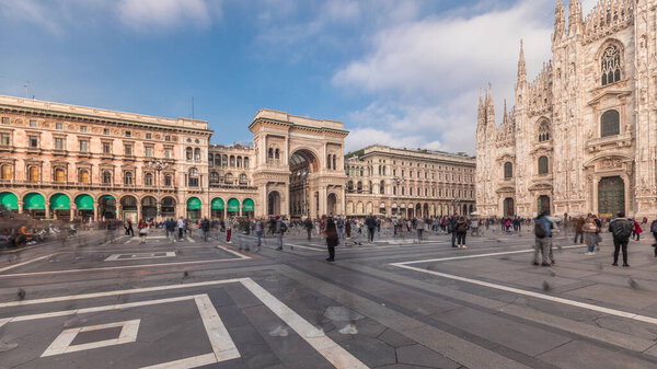 Panorama showing horse statue with Milan Cathedral and historic buildings timelapse. Duomo di Milano is the cathedral church located at the Piazza del Duomo square in Milan city in Italy