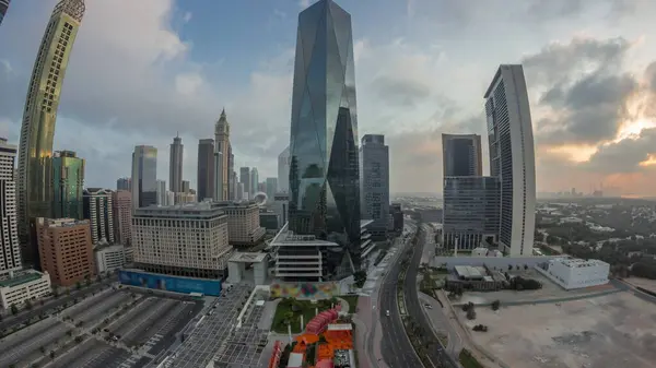 Panorama Des Dubai International Financial District Nacht Zum Tag Übergang — Stockfoto