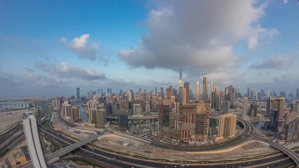 Panoramautsikt Över Dubai Med Affärsvik Och Stadsdel Flyg Vidvinkel Många — Stockfoto