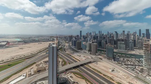 Panorama Showing Skyline Dubai Downtown District Business Bay Timelapse Aerial — Stock Photo, Image