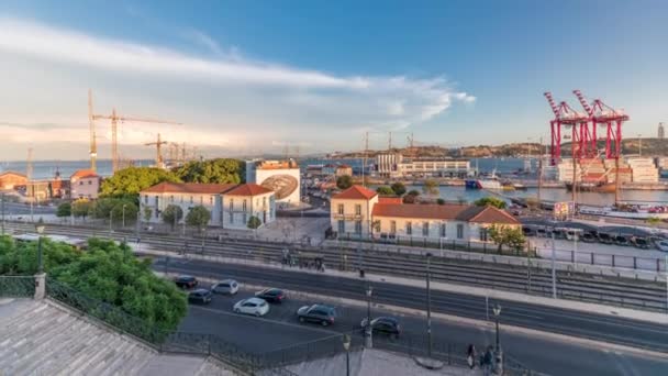 Panorama Pokazuje Widok Lotu Ptaka Statków Porcie Lizbonie Timelapse Kwietnia — Wideo stockowe