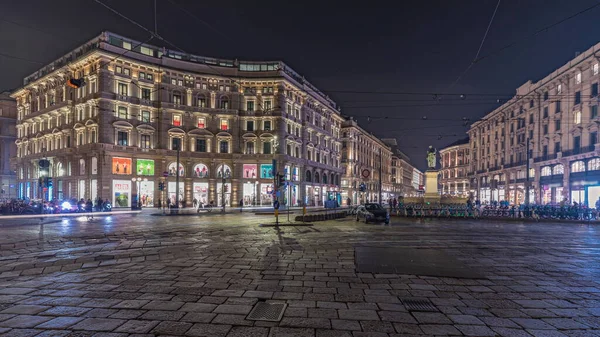 Panorama Showing Cordusio Square Night Timelapse Illuminated Historic Buildings Monument — Stock Photo, Image