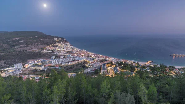 Aerial View Coastline Village Sesimbra Day Night Transition Timelapse Middle — Stock Photo, Image