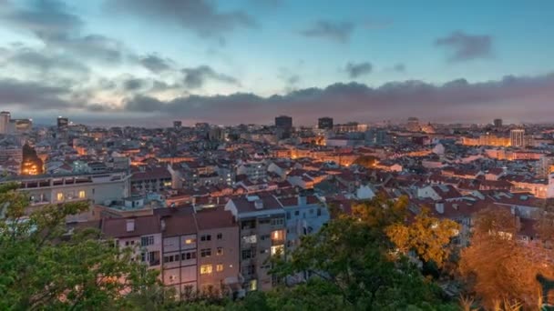 Πανόραμα Δείχνει Εναέρια Άποψη Του Κέντρου Της Λισαβόνας Μέρα Νύχτα — Αρχείο Βίντεο